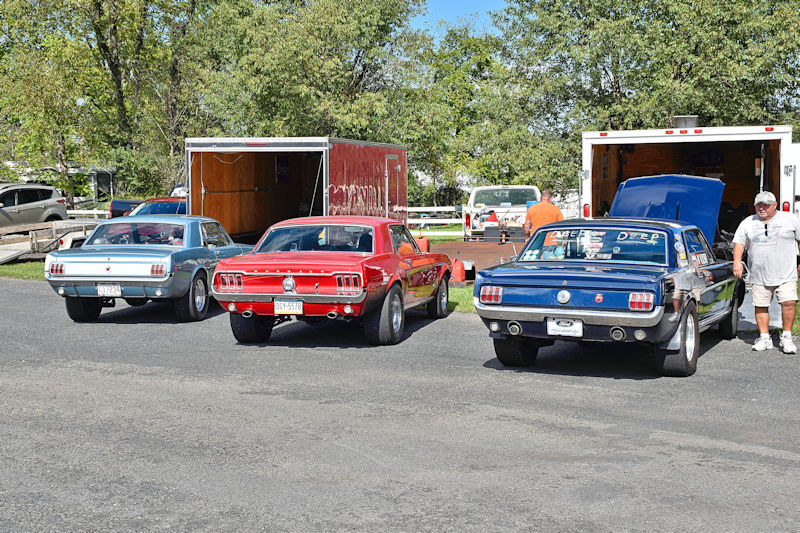 Three classic Ford Mustangs in various colors parked near a trailer and surrounded by trees.