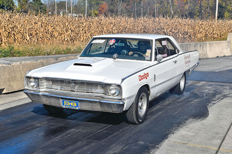 A classic white Dodge car is parked on a race track with a cornfield in the background, showcasing its vintage design and drag racing modifications.